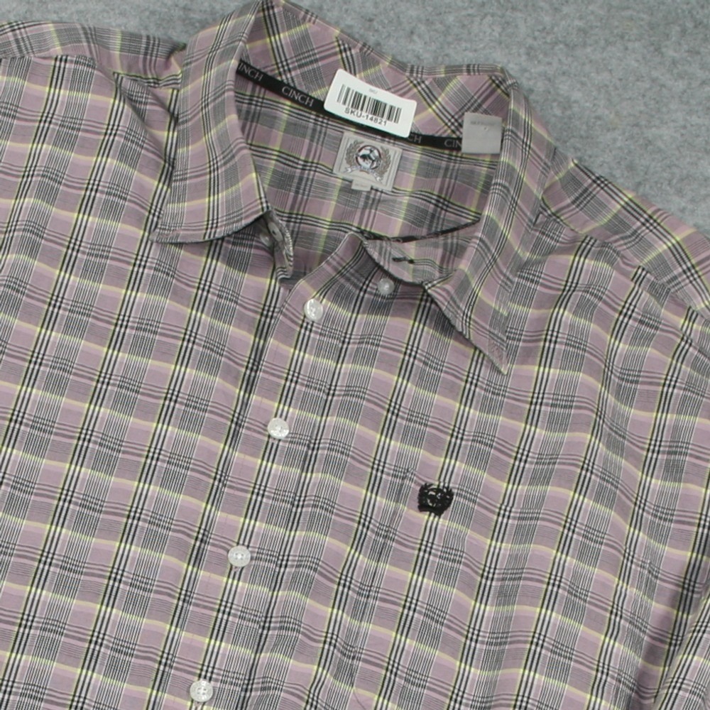 Cinch Mens Casual Button Down Shirt XL Purple Gray Plaid Long Sleeve Pocket